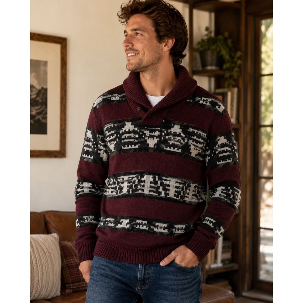 American Eagle Mens Shawl Collar Sweater Medium Burgundy Grey Geometric Knit M9